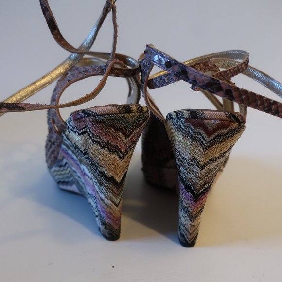 Womens Missoni Purple Python Leather Chevron Wedge Wrap Ankle Heels 38 US/8 * - Picture 7 of 12